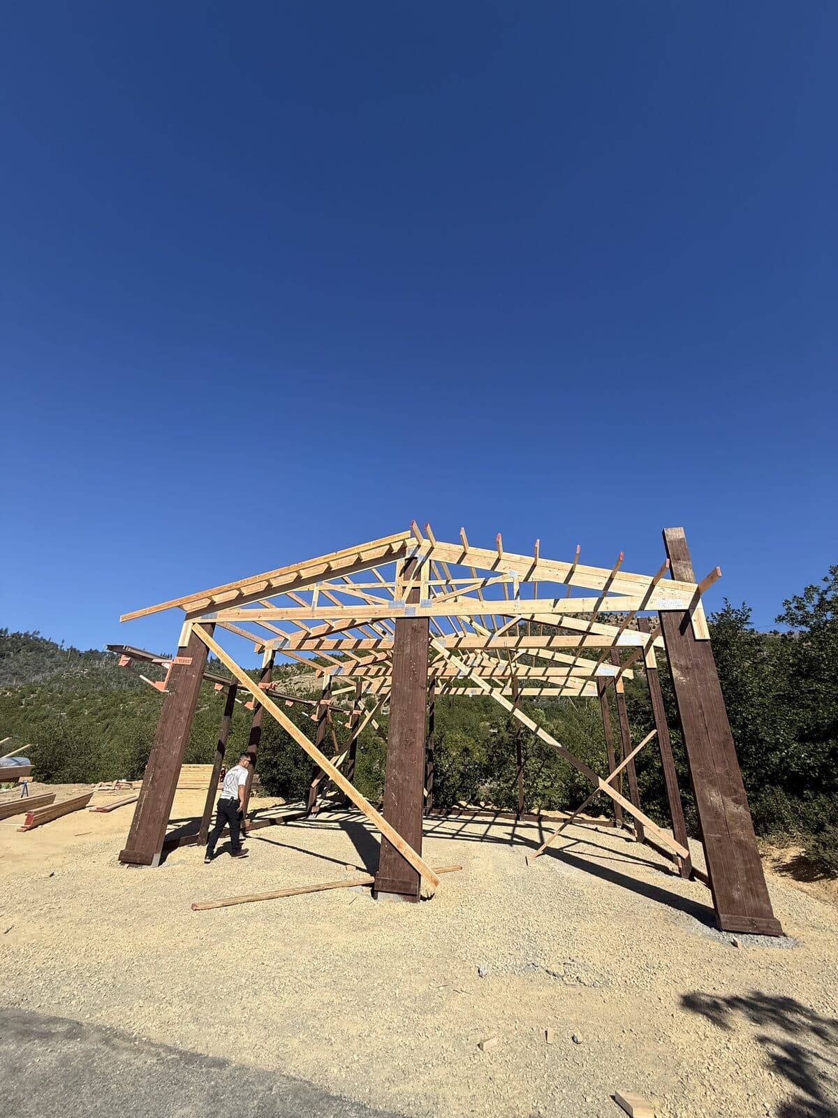 Timber frame structure under construction at a Northern California job site