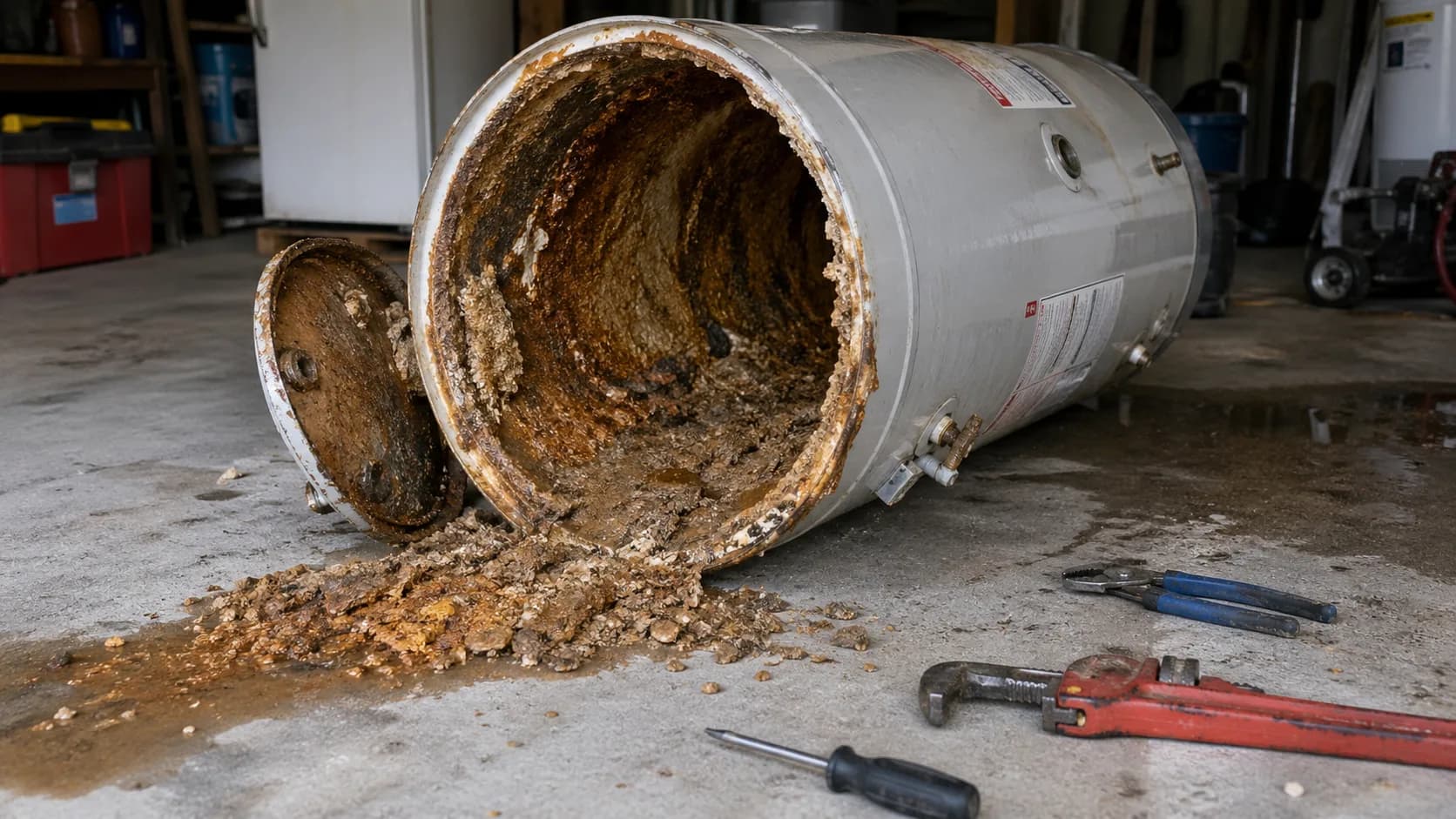 Failed Redding water heater tank cut open showing thick mineral sediment buildup — the kind of sediment that causes early failure