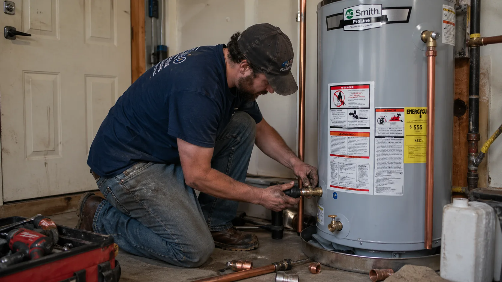 Topline Plumbing technician installing a new A.O. Smith ProLine water heater in a Redding, CA home